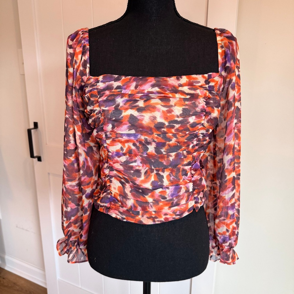 NWT Few‎ Moda Walter Cropped Top Dark Purple Abstract Print Ruched Smocked Large